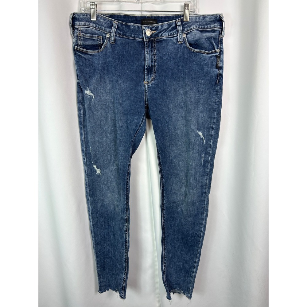 Silver Jeans Co Elyse Skinny Blue Distressed Raw Hem Denim Jeans Size 34/31